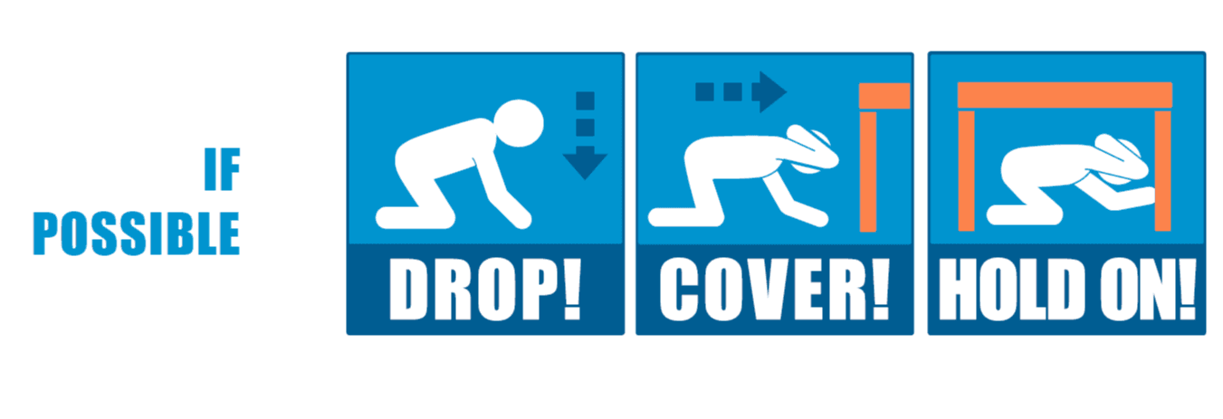 Image depicting Drop Cover Hold On procedure. A cartoom person kneeling, protecting their head, and holding on to a table leg under the table.